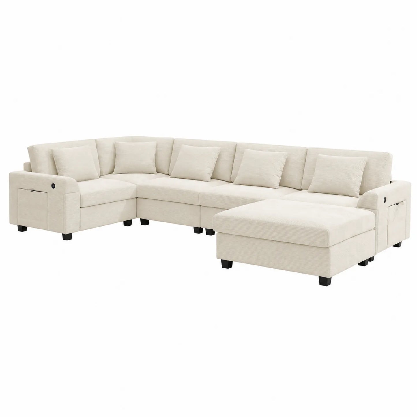 Modułowa narożna sofa z pufą - tkanina kremowa, 6-osobowa