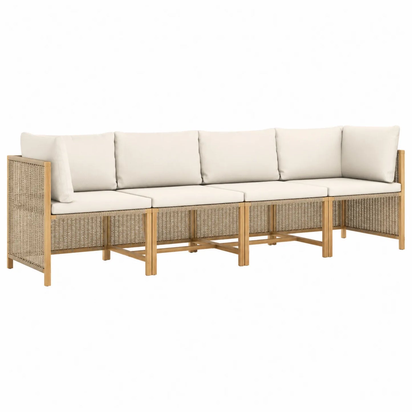 Sofa ogrodowa drewno tekowe z beżowymi poduszkami 4-częściowa