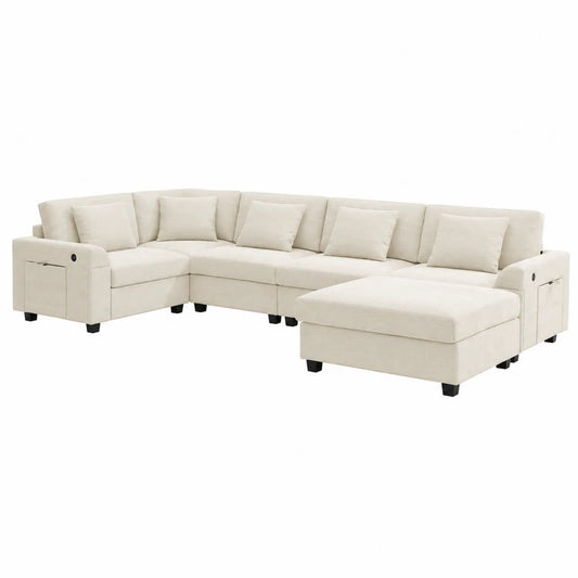 Modułowa narożna sofa z pufą - tkanina kremowa, 6-osobowa
