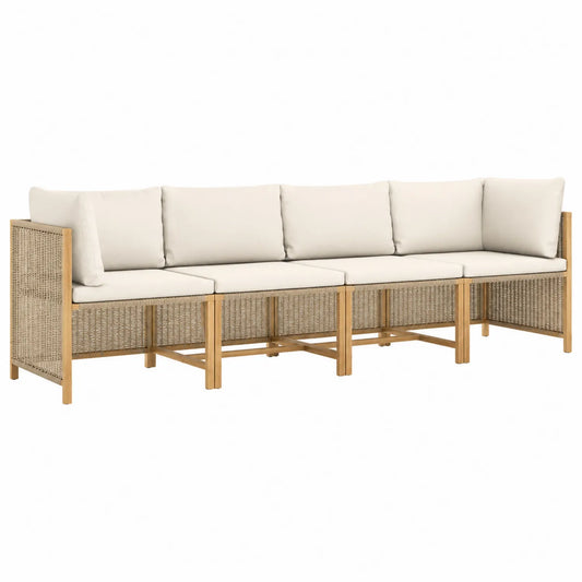 Sofa ogrodowa drewno tekowe z beżowymi poduszkami 4-częściowa