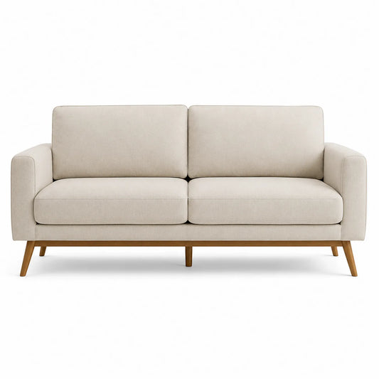 Sofa trzyosobowa tapicerowana beżowa drewniana