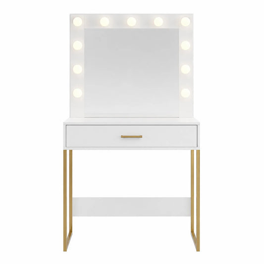 Toaletka LED Biała Złote Nogi Szuflada 80x40x140 cm