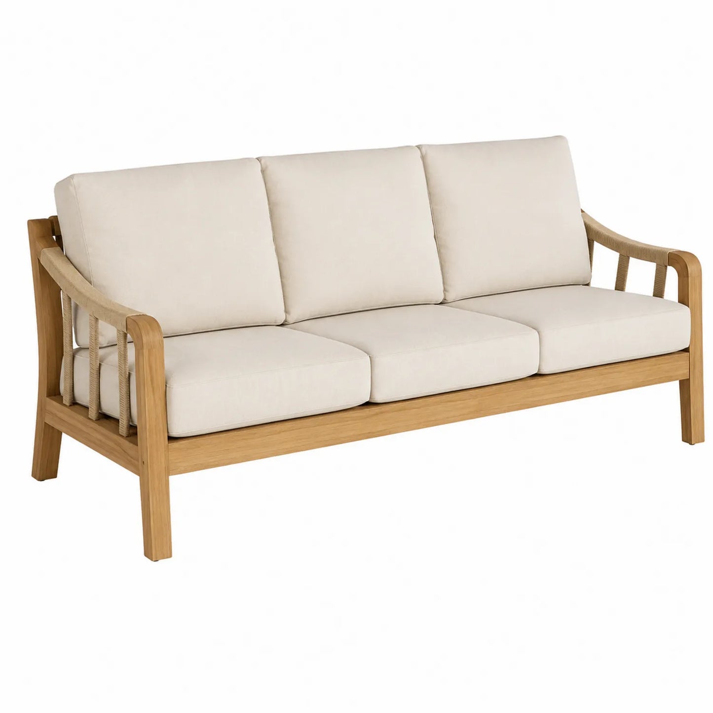 Drewniana sofa 3-osobowa beżowa z poduszkami