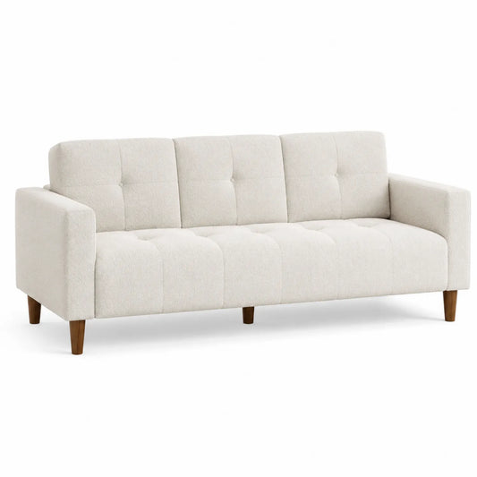 Kremowa Sofa Trzyosobowa z Drewnianą Ramą